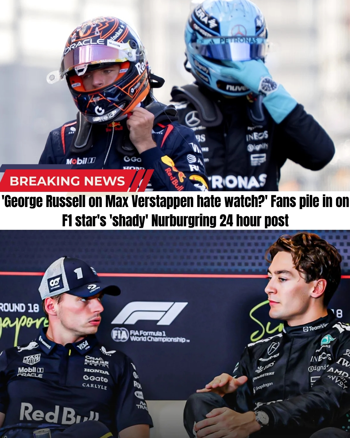Max Verstappen’s brutal Nurburgring 24H heartbreak just took a toxic turn! 💔 After Max’s car suffered a devastating breakdown, George Russell posted a highly suspicious “congratulations” to the winning team.