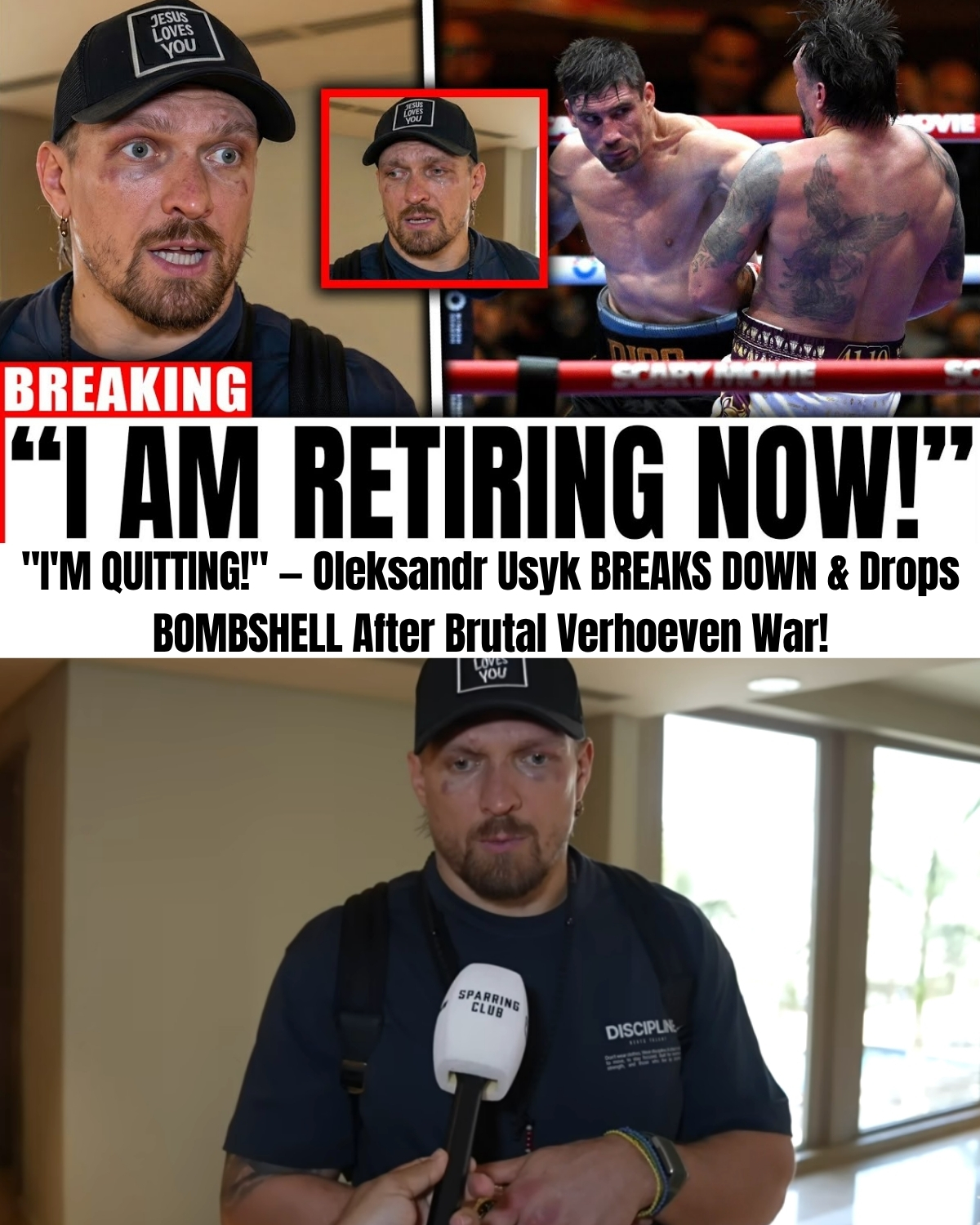 The sports world has just come to a terrifying halt! 🥊 Following his brutal 12-round war against Rico Verhoeven, undefeated heavyweight king Oleksandr Usyk completely collapsed emotionally and announced his sudden retirement live on air!