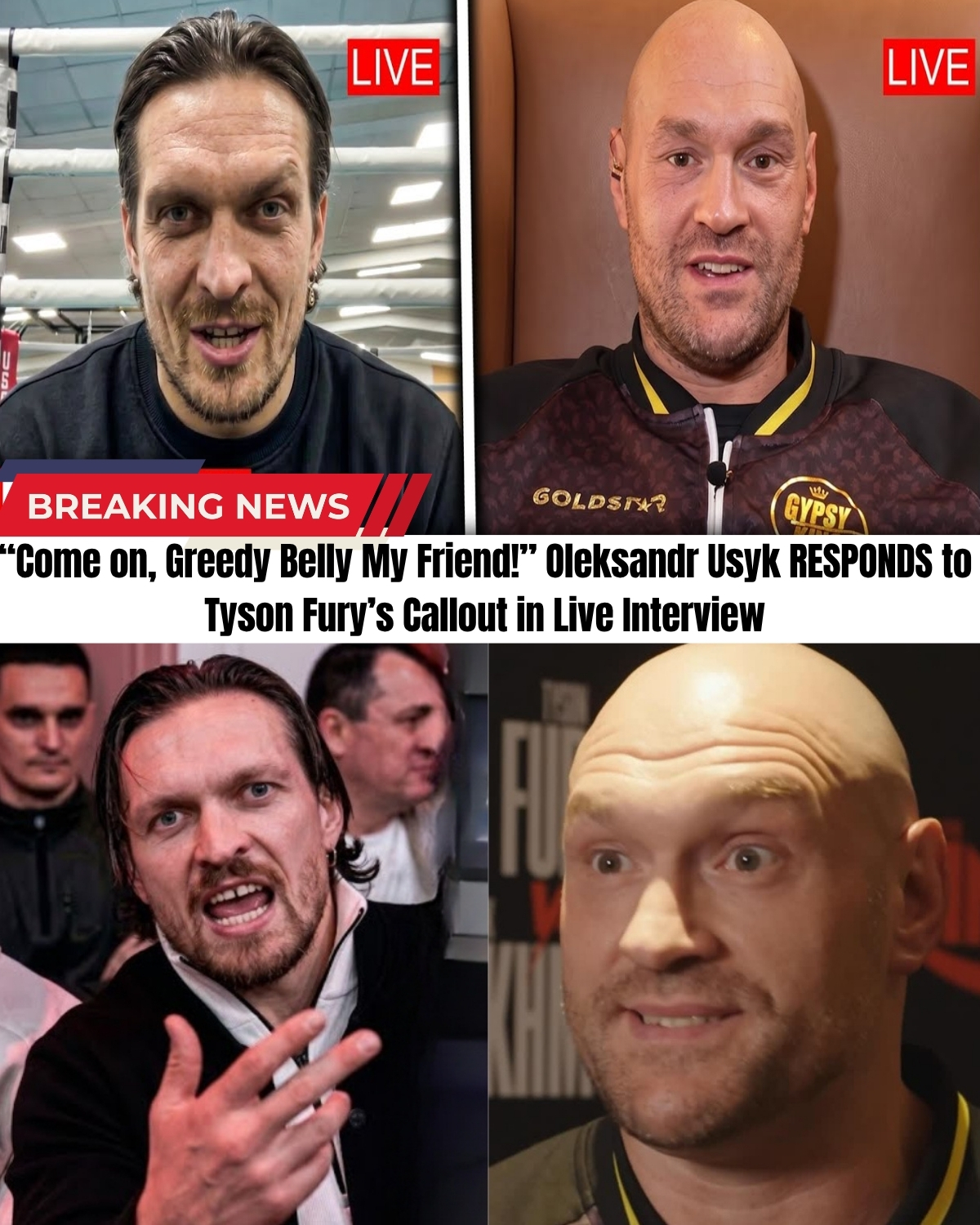 The boxing world is in total shock! ๐ฑ Tyson Fury just launched a ruthless live attack on Usyk, claiming he controls all the money! ๐ฐ๐ But Usyk didn’t blink. Instead, he fired back with a bizarre insult that completely shattered Fury’s confidence live on air!