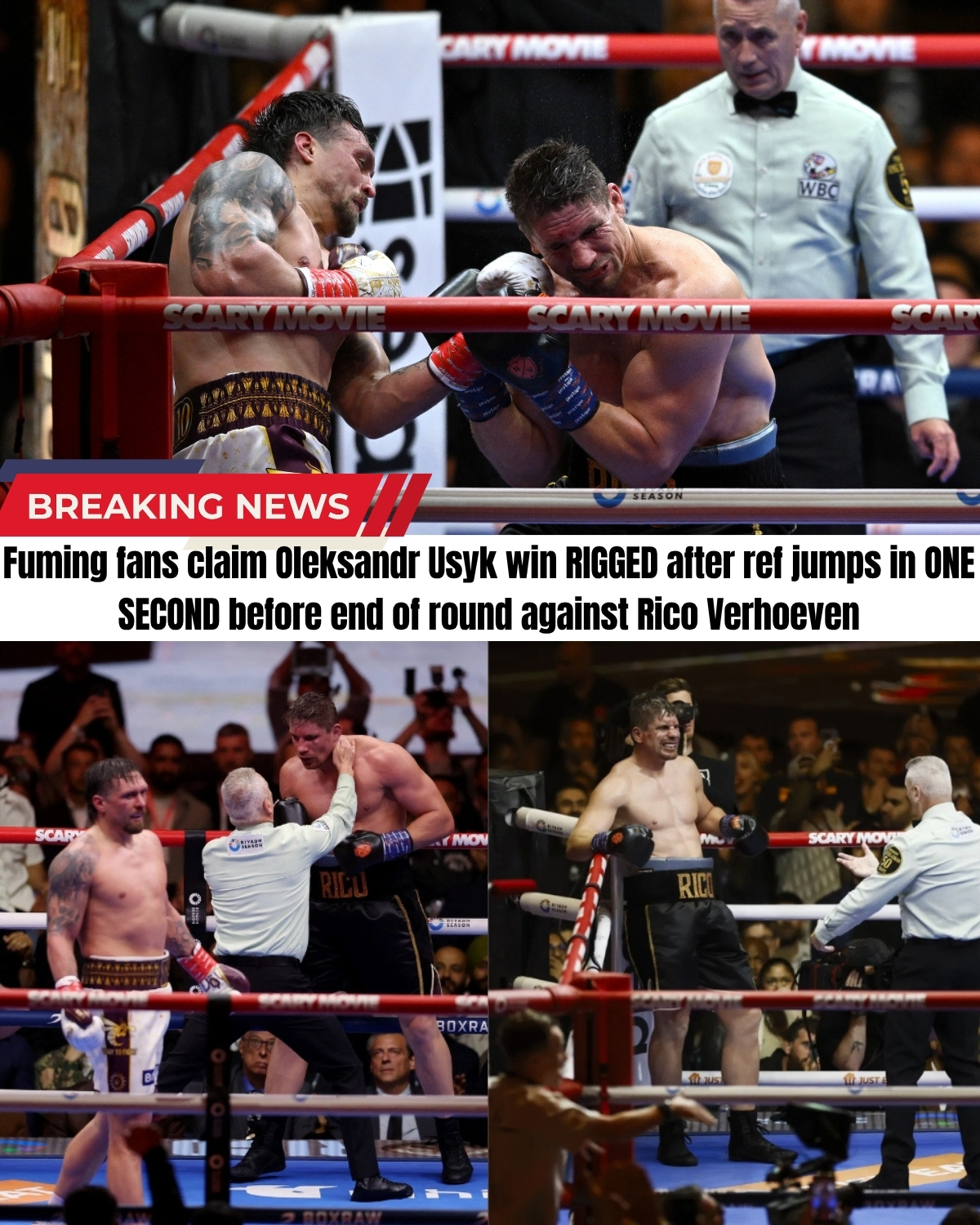 The sports world has just erupted into absolute fury! 🥊 Heavyweight king Oleksandr Usyk was completely humiliated and beaten every round by Rico Verhoeven, but a “filthy, rigged” referee stoppage just saved his undefeated legacy!