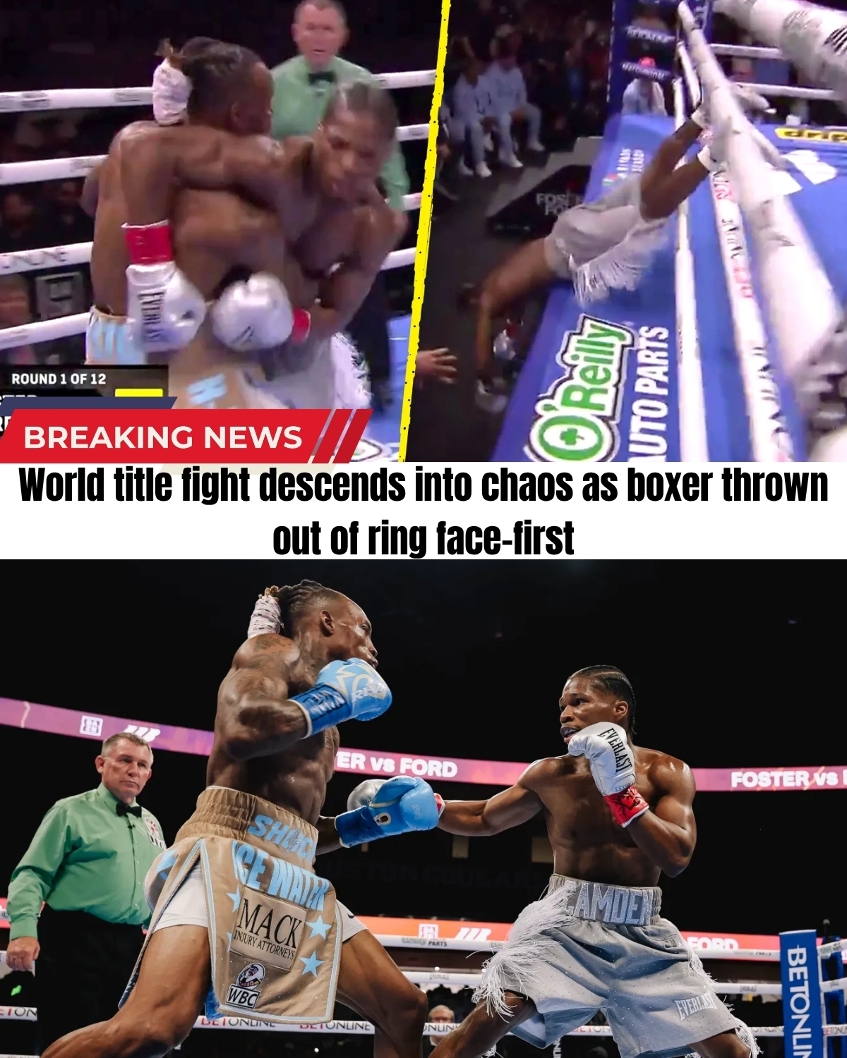 The boxing world has just witnessed absolute madness live on air! 🥊 A brutal grudge match exploded into chaos after O’Shaquie Foster literally threw Ray Ford through the ropes face-first in a terrifying foul!