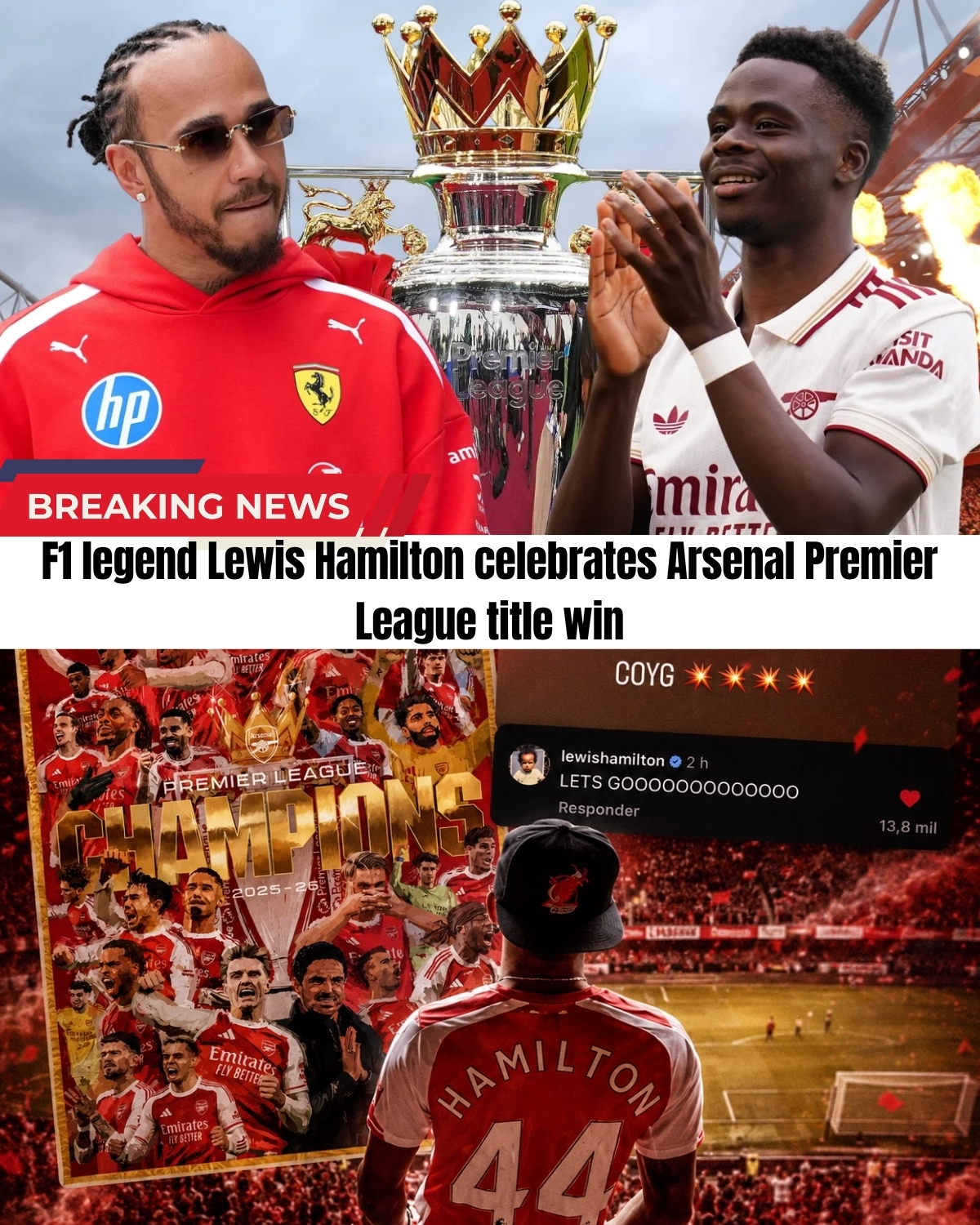Arsenal claimed the Premier League title after 22 years, and Ferrari’s Lewis Hamilton is hyped! ๐๏ธ๐จ He fired off a powerful message that has fans going wild.
