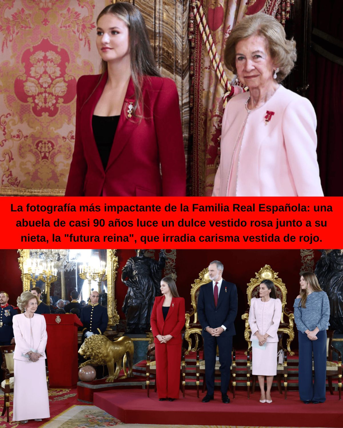 La fotografía más impactante de la Familia Real Española: una abuela de casi 90 años luce un dulce vestido rosa junto a su nieta, la “futura reina”, que irradia carisma vestida de rojo.