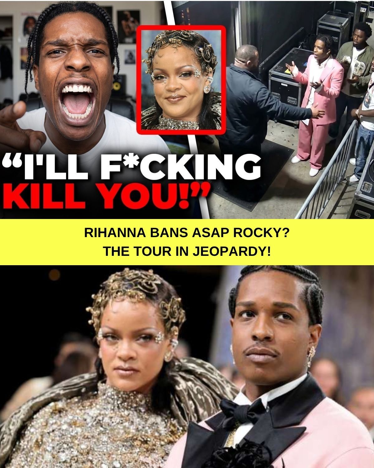 The hip-hop world is SHAKING! A$AP Rocky just hit #1, but his “Don’t Be Dumb” world tour is facing a sudden, mysterious BAN. Is Rihanna calling the shots behind the scenes? Sources claim secret tension over Rocky’s past with Kendall Jenner and that leaked Met Gala “van fight” video have pushed the Queen to the edge.